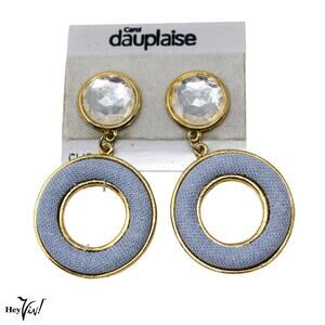 Vintage 80s Carol Dauplaise Clip-On Earrings Gold w Blue Fabric 2.75" - Hey Viv